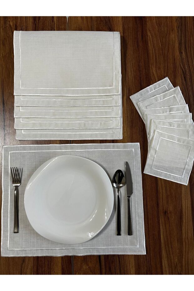 Ecru Embroidered 12 Piece Set American Serving and Cocktail Presentation Napkin