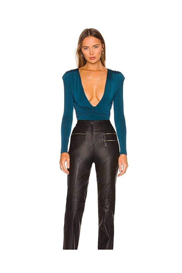 Women's Petrol Green V-Neck Gathered Padded Double Layer Silk Jersey Bodysuit