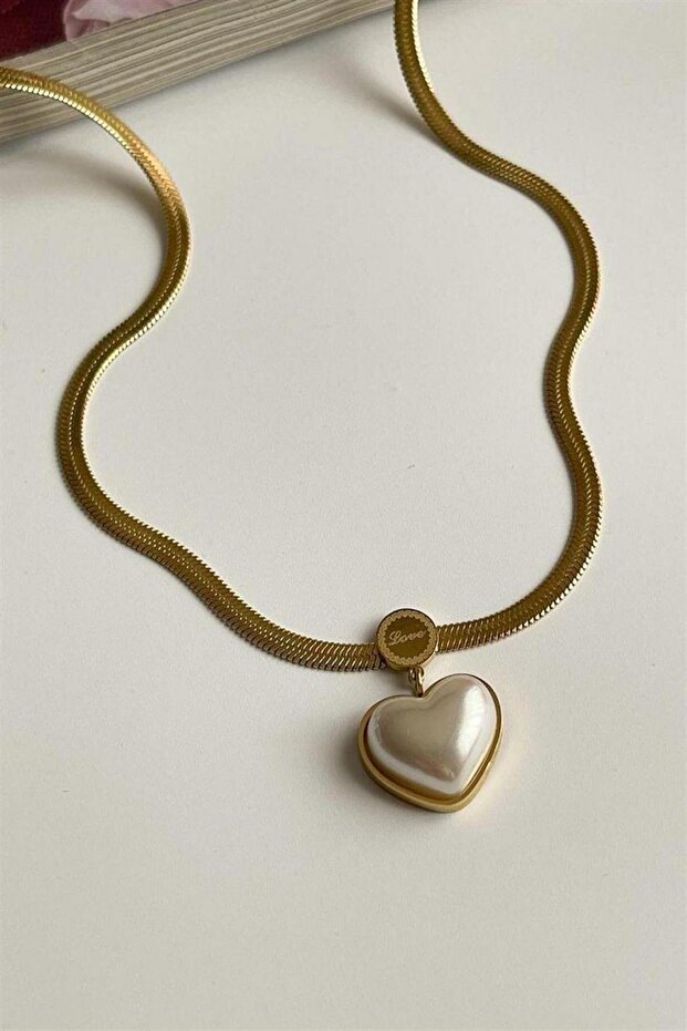 Steel White Pearl Heart Necklace (43 Cm)