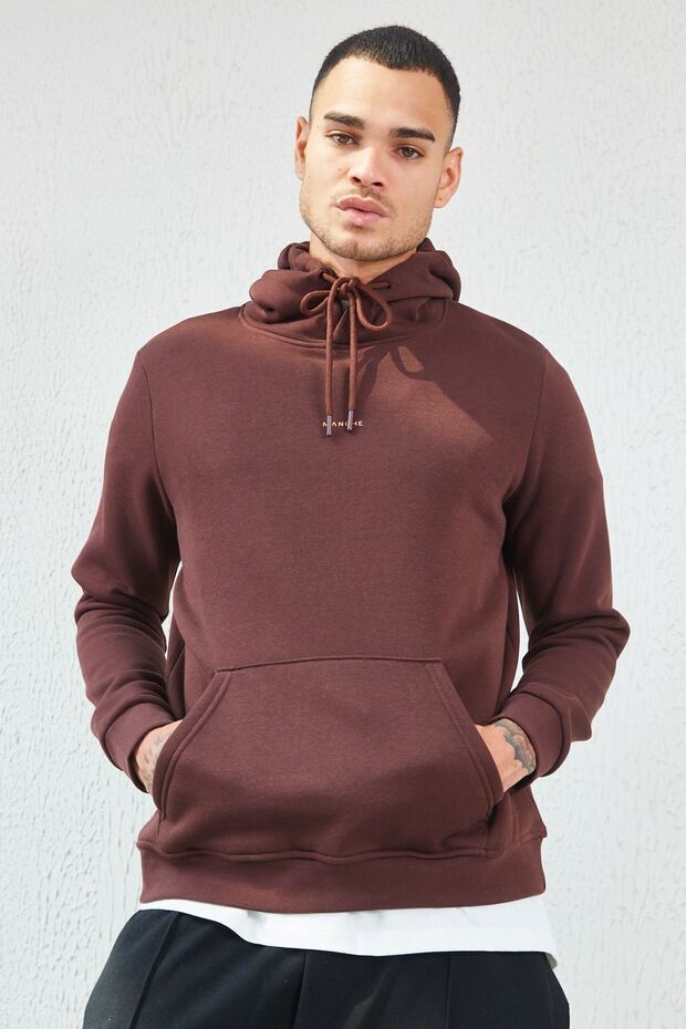 Kapüşonlu Basic Minimal Baskılı Sweat Kahve - 2