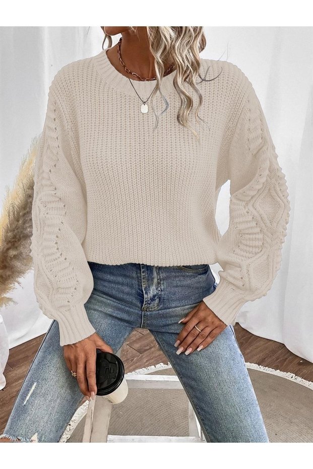 Selanik Knitted Sleeve Motif Crew Neck White Knitwear Sweater