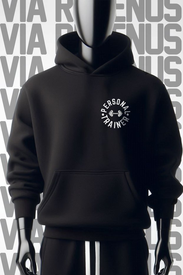 Personal Trainer Front and Back Printed 3 Thread Wide Fit Black Hooded Sweatshirt