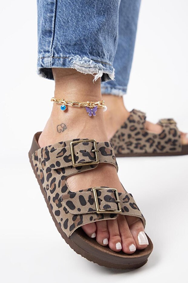 Anlelic Leopard Women's Genuine Leather Double Buckle Mink Slippers