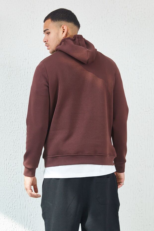 Kapüşonlu Basic Minimal Baskılı Sweat Kahve - 5