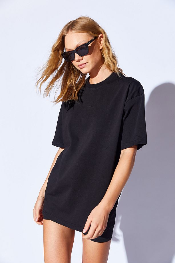 Siyah Kalın Soft Dokulu enjeksiyon minimal baskı detaylı Oversize  %100 Pamuk unisex T-shirt | 5397 - 6