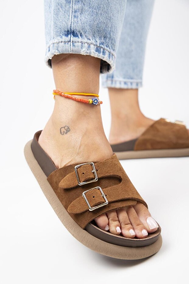 Lirio Women's Genuine Leather Single Strap Double Buckle Tan Slippers