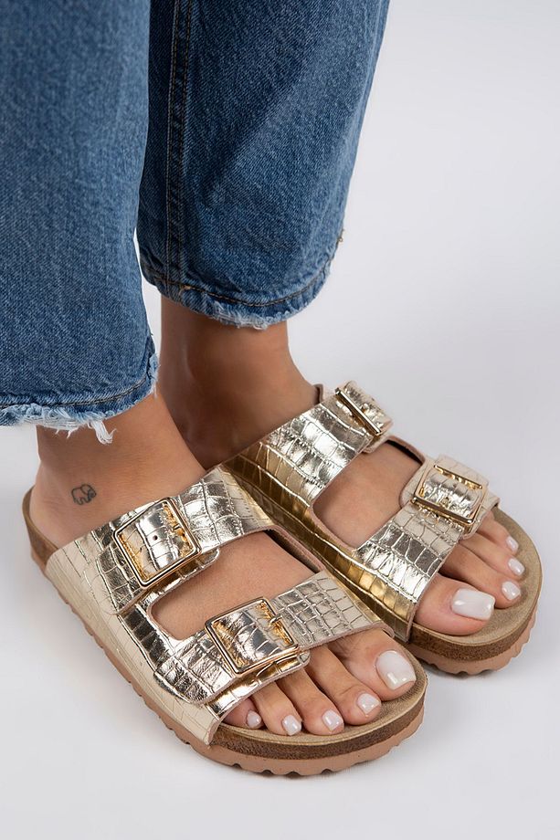 Croco Kadın Hakiki Deri Çift Tokalı Crocodile Gold Terlik - 3