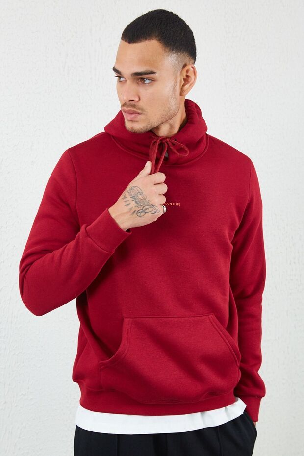 Kapüşonlu Basic Minimal Baskılı Sweat Bordo - 2