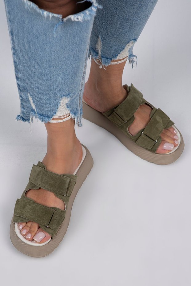 Farah Women's Genuine Leather Double Velcro Green Suede - Beige Slippers