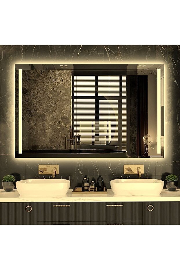 NUUN AYNA Moderno 90x60 Cm Gün Işığı Ledli Kumlamalı Banyo Ofis Kuaför Lavabo Aynası - Trafolu