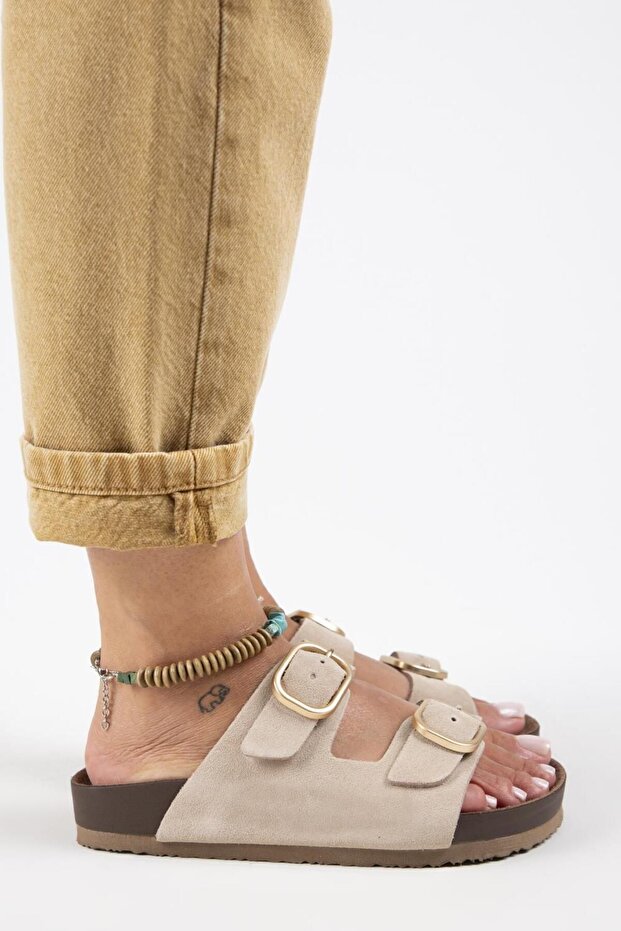 Jazmin Women's Genuine Leather Double Buckle Beige Slippers