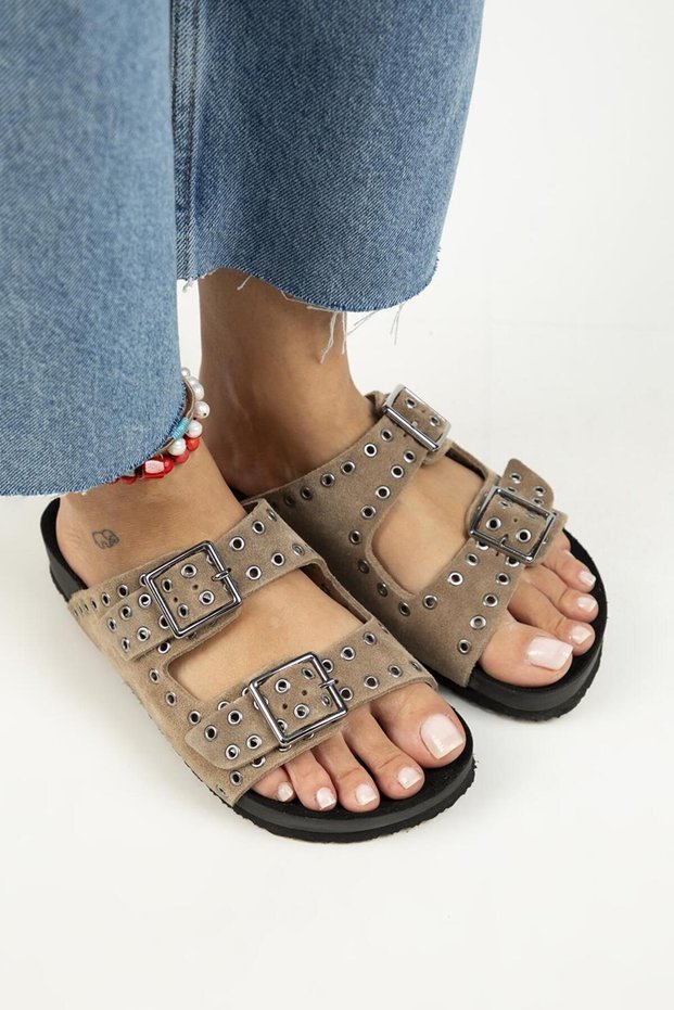 Sasha Women's Leather Genuine Leather Double Buckle Troc Mink Slippers