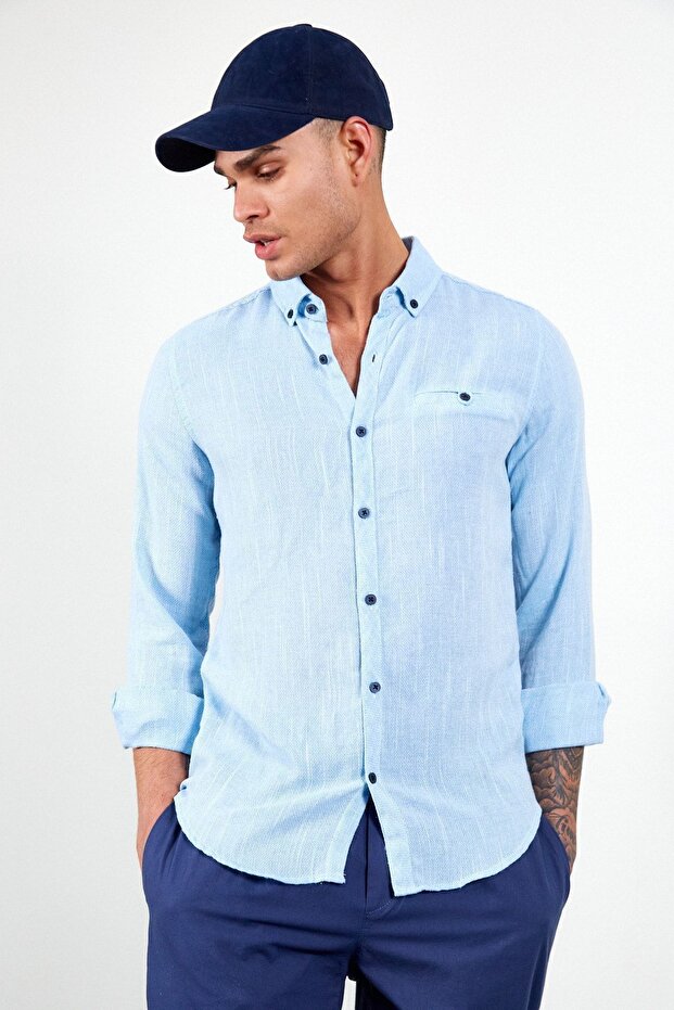Turquoise Long Sleeve Straw Linen Men's Shirt