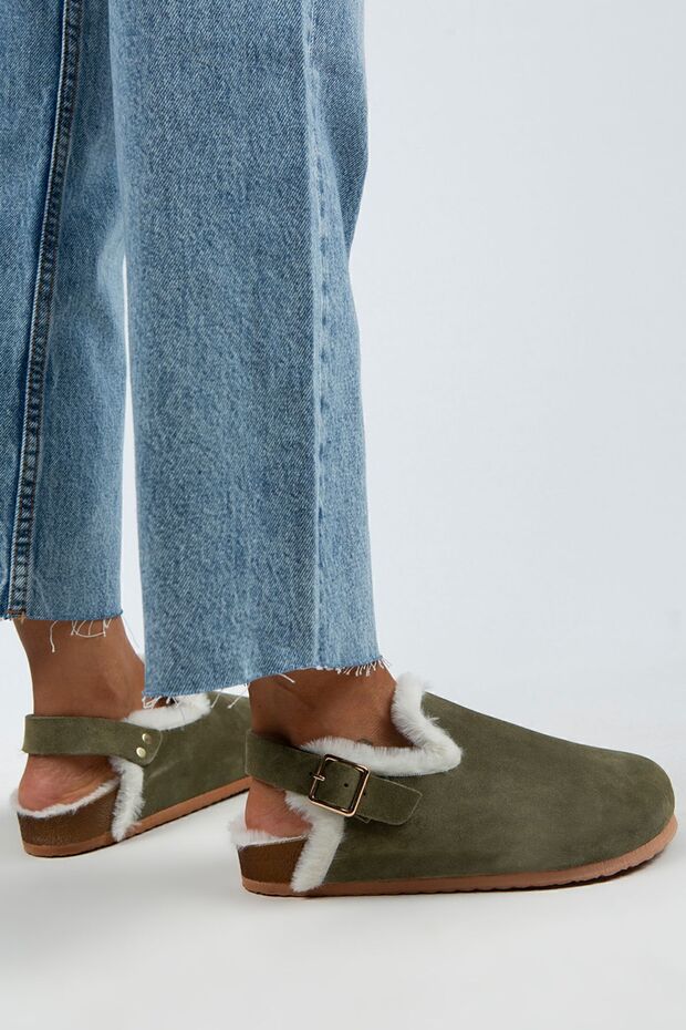 Holly Furry Women's Genuine Leather Belted Buckle Furry Khaki Suede Sandals