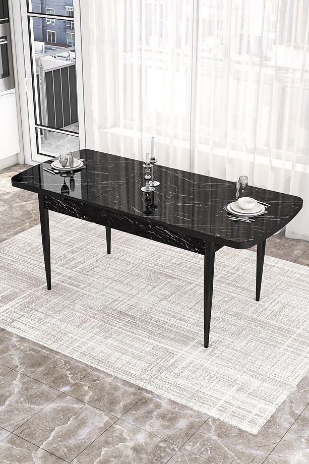 Kor Serisi 70x114 Açılabilir Mutfak Masası Takımı Siyah Mermer Desen Masa 4 Zebra 2 Siyah Sandalye - 3