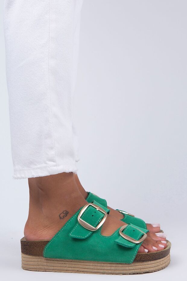 Selina Women's Genuine Leather Double Buckle Green - Gold Slippers
