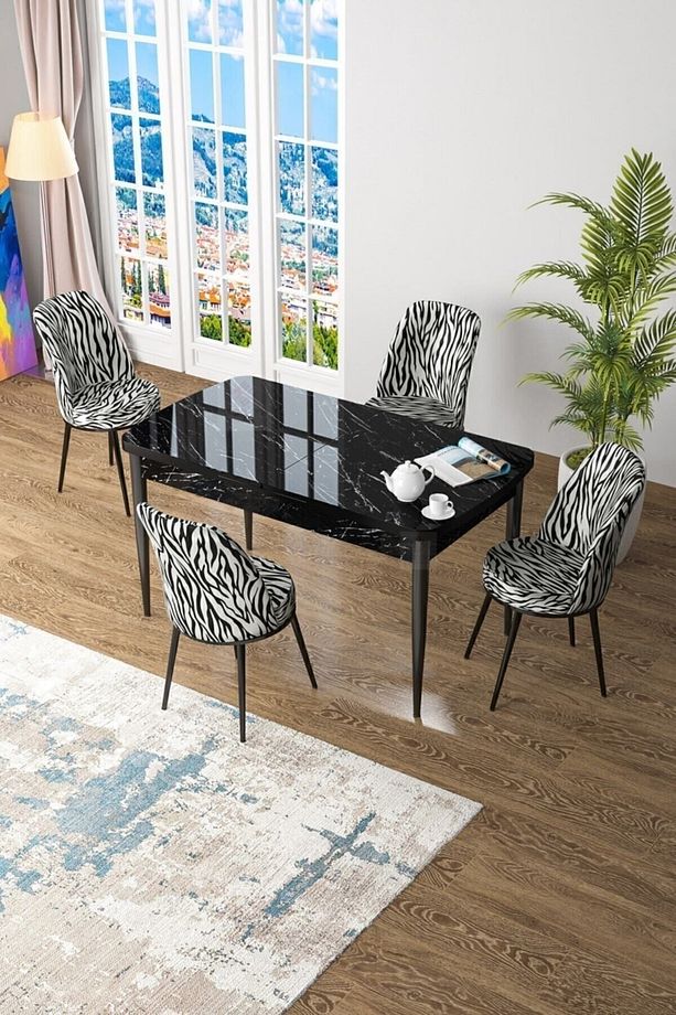 Kor Serisi 70x114 Açılabilir Mutfak Masası Takımı Siyah Mermer Desen Masa 4 Zebra Desen Sandalye - 1
