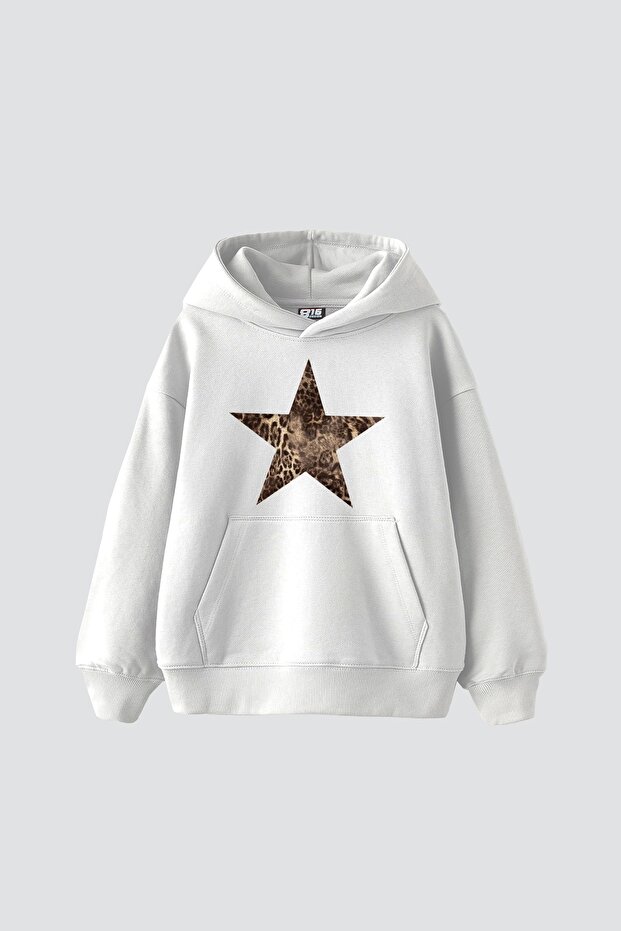 Leopard Starz Printed Oversize Unisex Premium White Hoodie