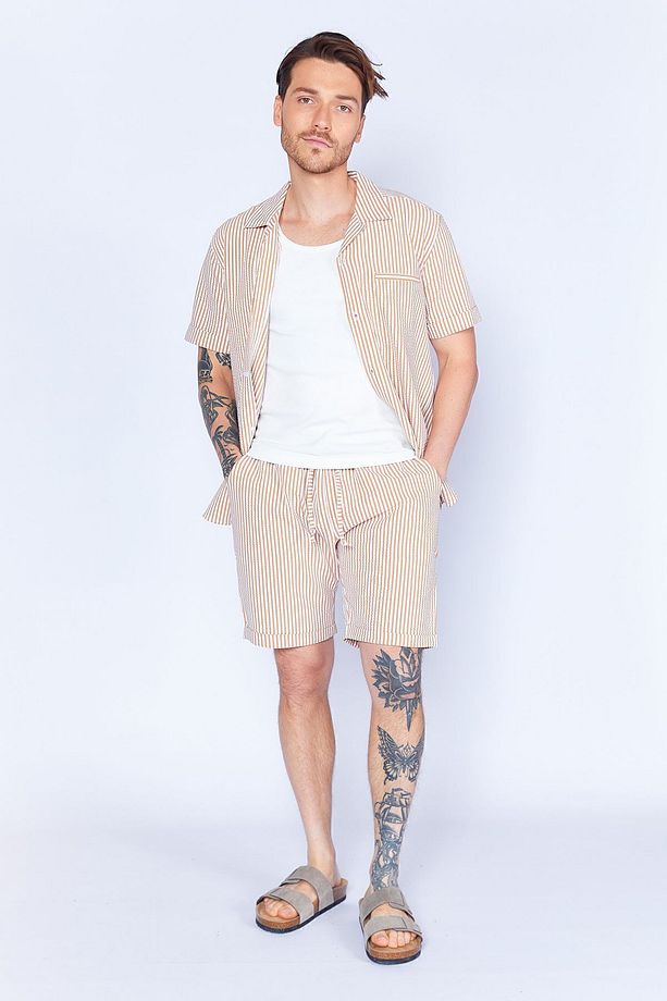 Gofre Çizgili Jogger Beli Lastikli Erkek Şort  | Camel MES650453-01 - 4
