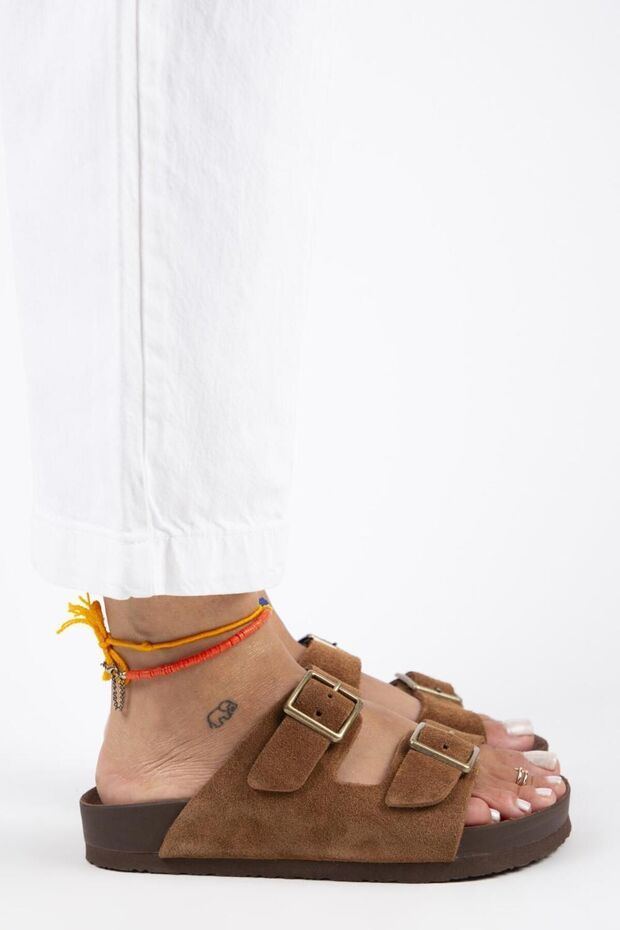 Anlelic Women's Genuine Leather Double Buckle Tan Slippers