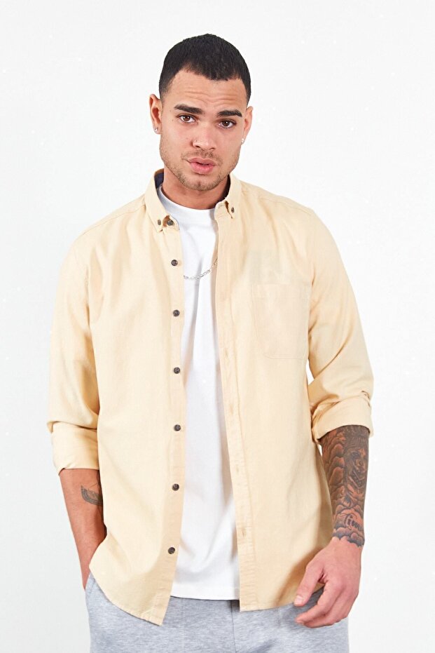 Slim Fit Slim Fit 100% Cotton Button Collar Oxford Mustard Men's Shirt | Me23S 116596 -6596