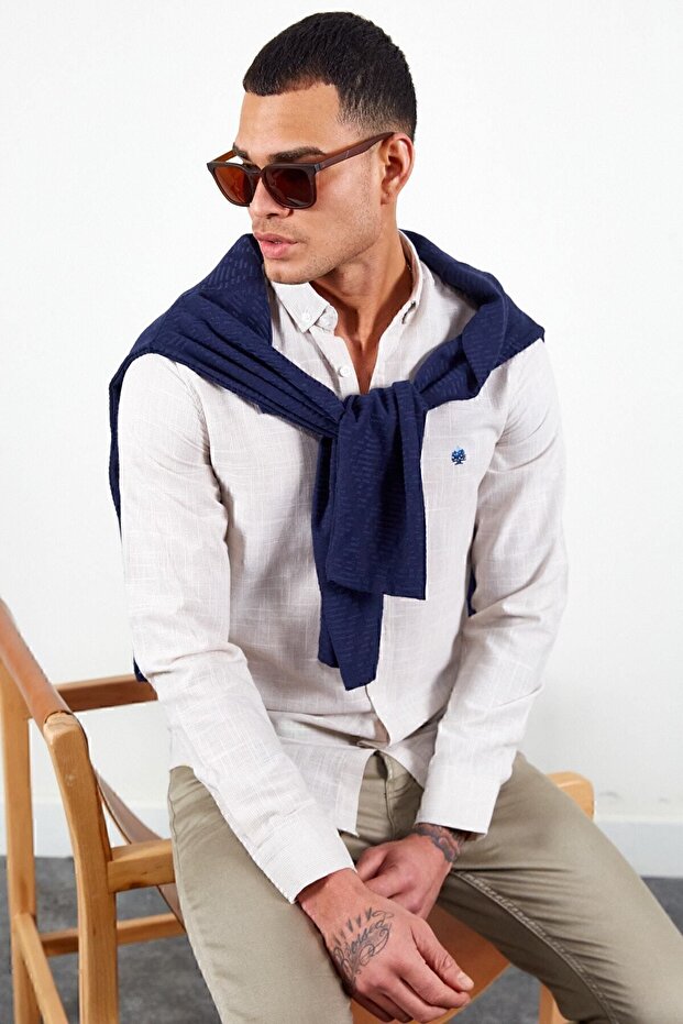 Stone Men's Embroidered Linen Effect Shirt | Mes 116488 -01