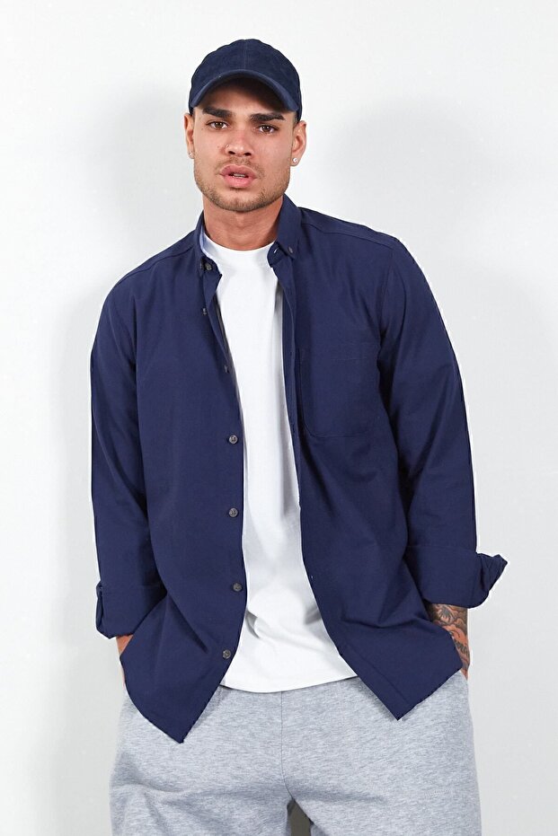 Slim Fit Slim Fit 100% Cotton Button Collar Oxford Navy Blue Men's Shirt | Me23S 116596