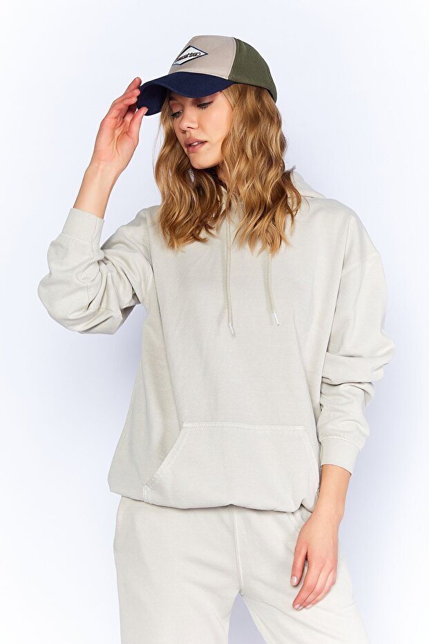 Distressed/Faded Effect Regular/Normal Fit Hooded Knit Sweatshirt with Kangaroo Pocket | Stone | Ek100278851