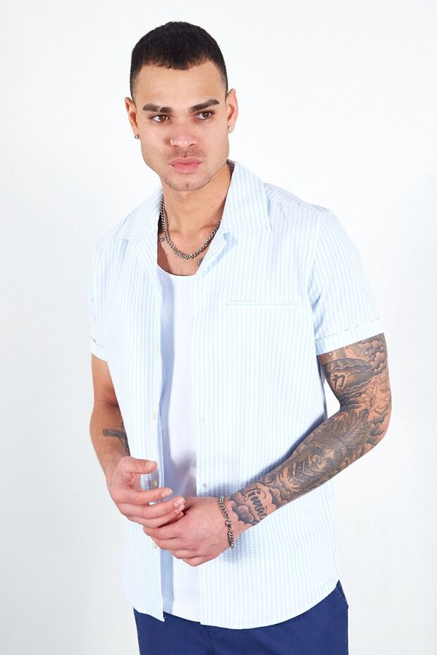 Blue Apaç Collar Men's Shirt | Mes116471-01-6471