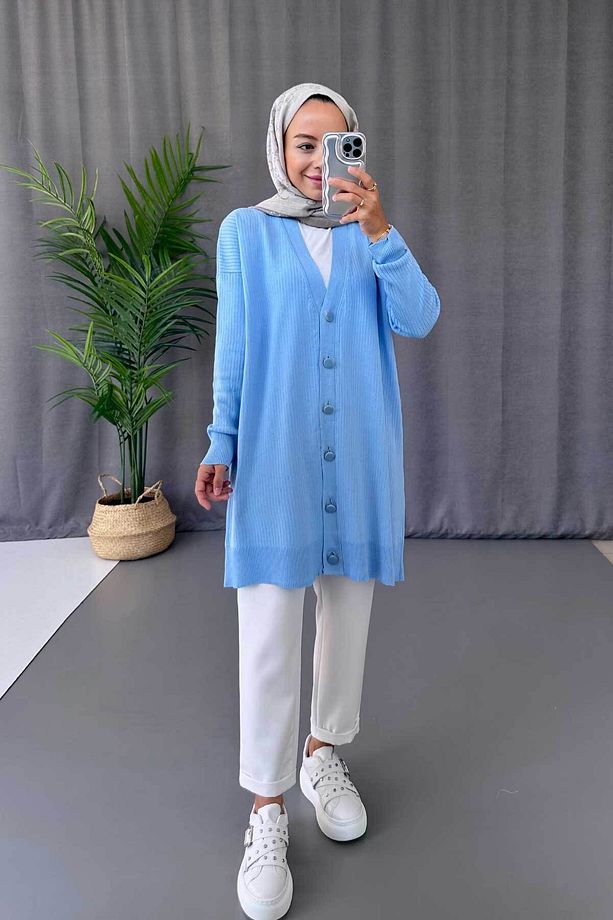 Button Fitilli Merserize Tesettür Hırka - Bebe Mavi - 5