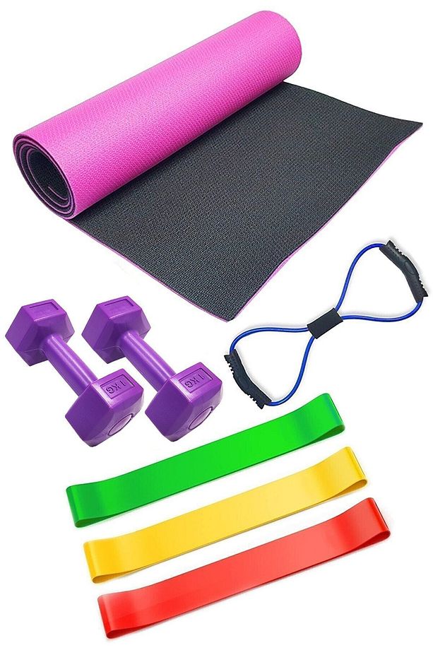 1 Cm Pilates Matı 3'lü Direnç Lastiği Sekizgen Lastik Ve 1 Kg Çiftli Dambıl Seti Pilates Seti - 1