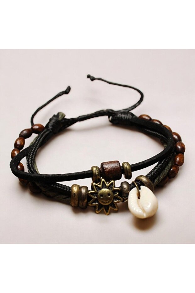 Sun and Sea Shell Figured Wood and Metal Beaded Leather and Rope 4-Piece Adjustable Bracelet