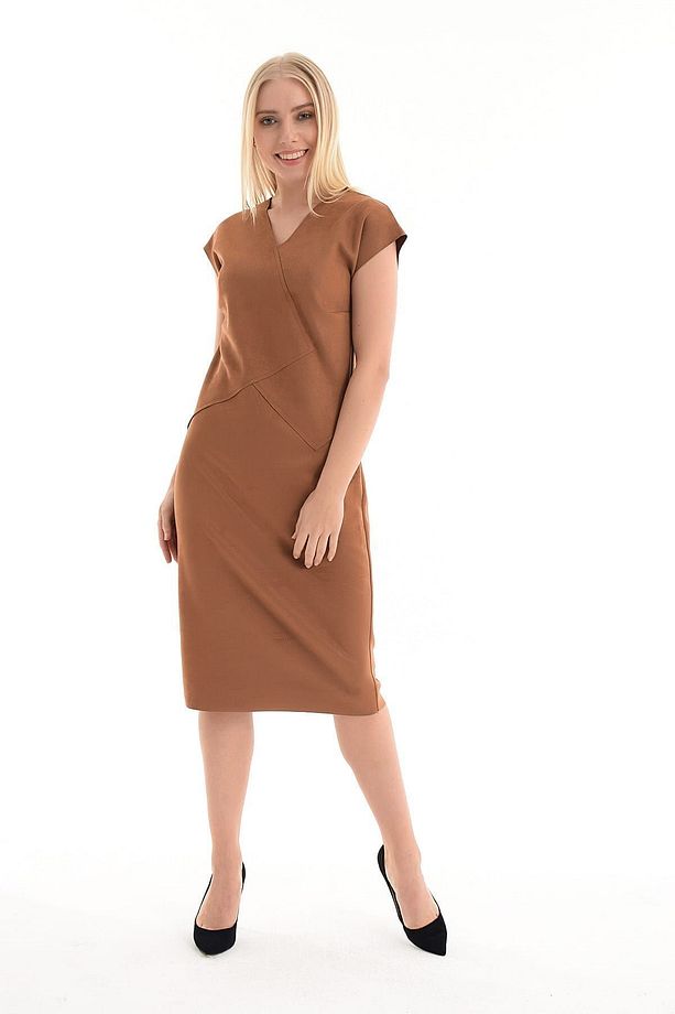 Kadın Taba V Yaka Süet Elbise Elb31027 - 2
