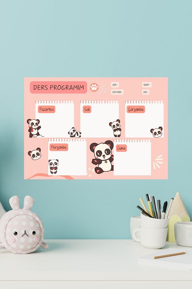 Panda Temalı Ders Programı Okul Etiketi - Arkası Yapışkanlı Sticker - 1