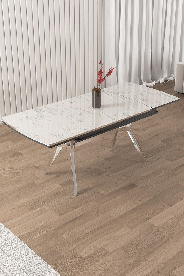 Sim Serisi 90 X 150 Açılabilir Lak Panel Beyaz Mermer Desen Masa Krom Ayak - 3