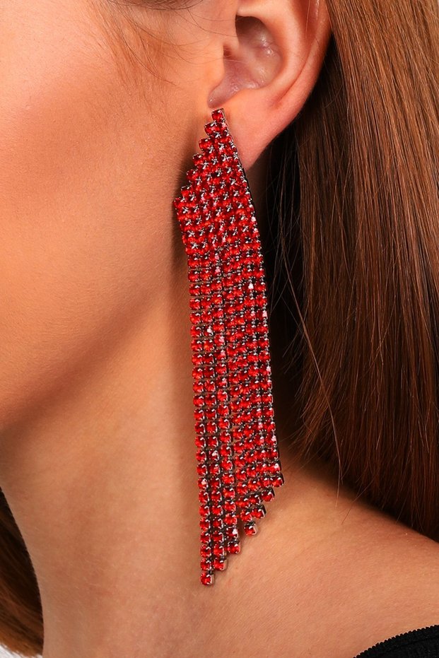 Women's Red Ladder Model Stoned Fringed Evening Dress Wedding Henna Prom Party Prom Earrings