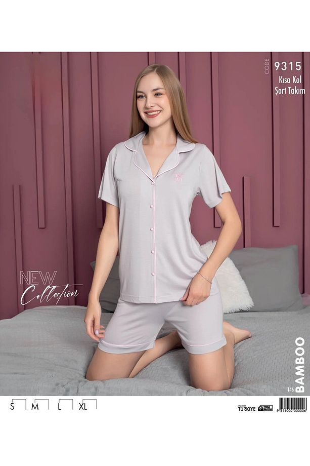 Kadın Düğmeli Şortlu Pijama Takımı - 1