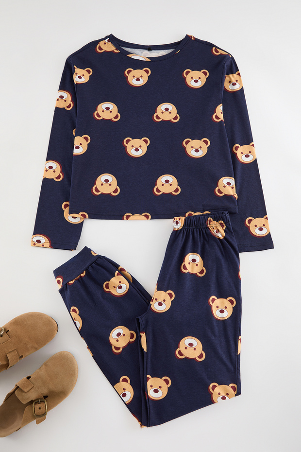 Lacivert %100 Pamuklu Ayıcıklı Örme Pijama Takımı THMAW23PT00514 - 1
