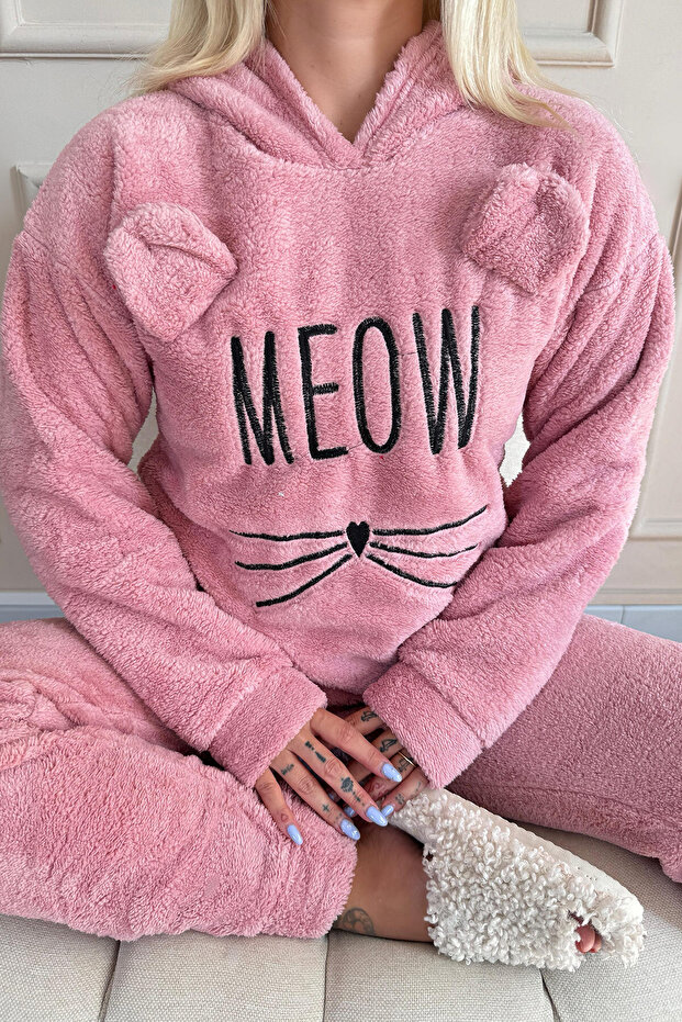 Set de pijamale de pluș de damă roz cu model Meow - 7
