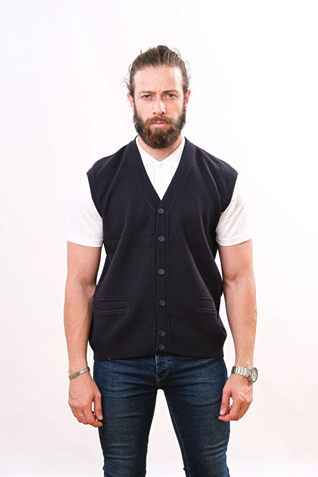 Wool Steel Knit Sleeveless Knitwear Vest - Black