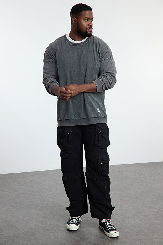 Veľká veľkosť antracitovej farby oversize bavlnená mikina – zúfalá a bledá detailná Tmnaw24Ao00031 - 2