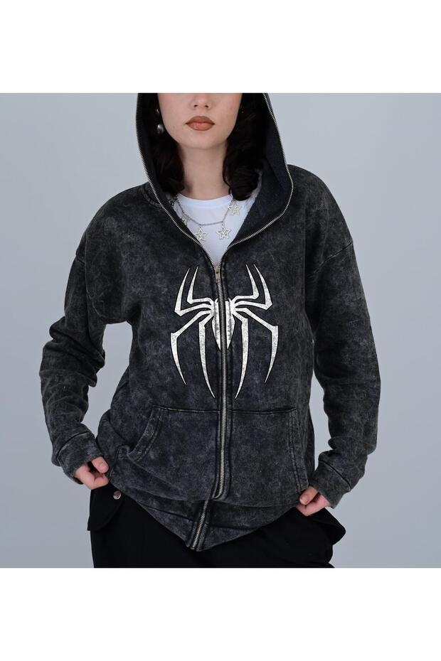 Mingalondon Spider Printed - Unisex Vintage Hooded Cardigan
