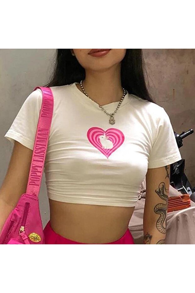 MINGALONDON Y2k Love Bunny - قميص أبيض قصير