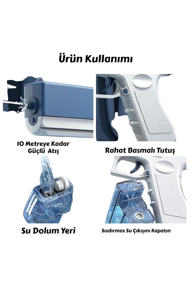 Şarjlı Pilli Su Tabancası 10 Metre Su Atma Hızlı 2 Yedek Hazneli Havuz Deniz Oyuncağı Su Tabancası - 3