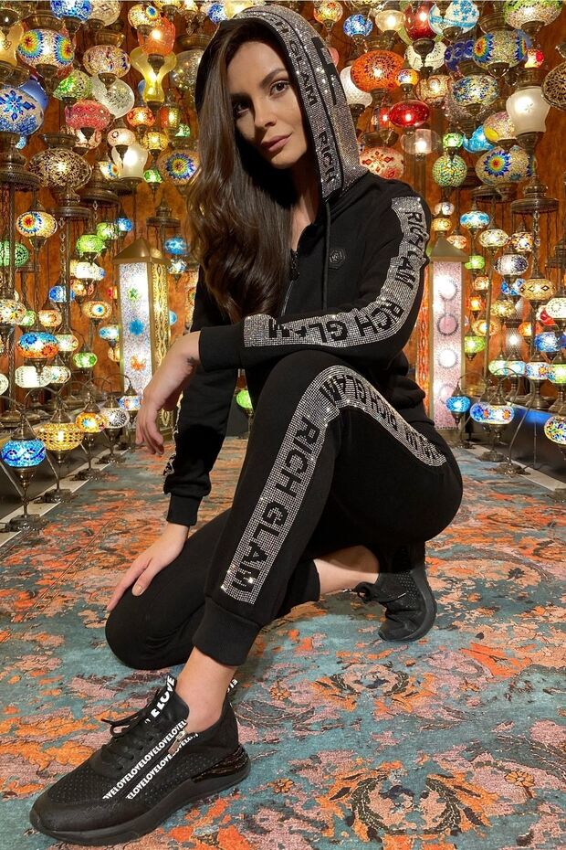 Hooded Crystal Stone 3-Thread Zip-Up Cotton Women's Stylish Design Plus Size Tracksuit Set