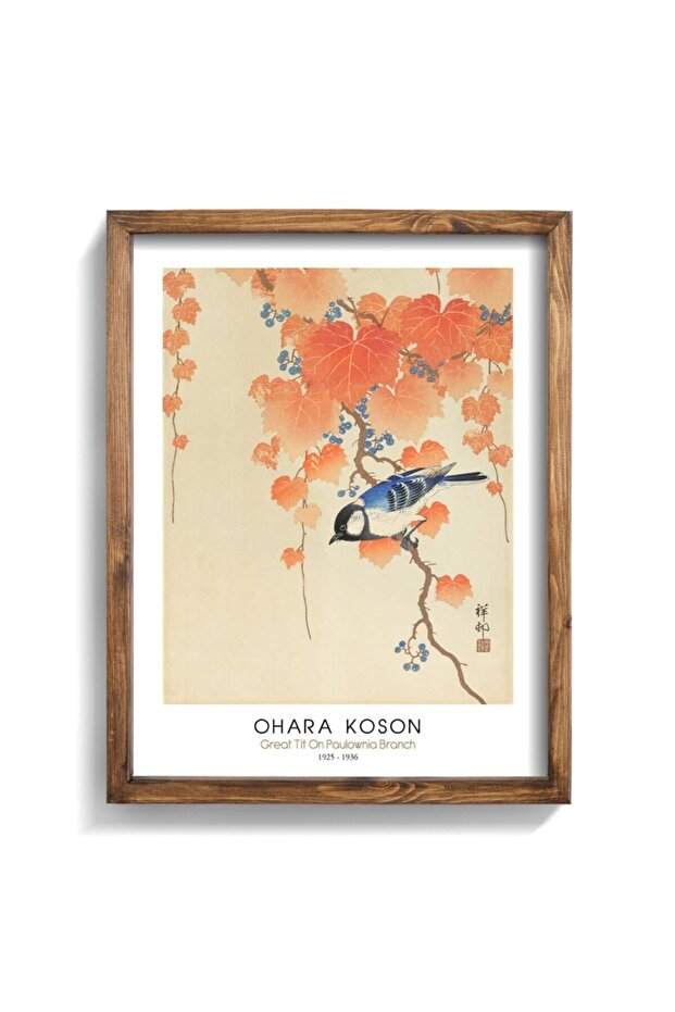 Large Tit on Paulownia Branch - Ohara Koson - Wooden Patterned Frame