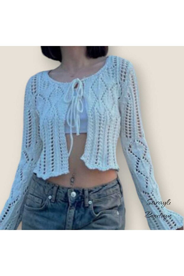 KADIN TRİKO CROP HIRKA AJURLU ÖRGÜ BAĞLAMALI RUSTİK MODEL - 3