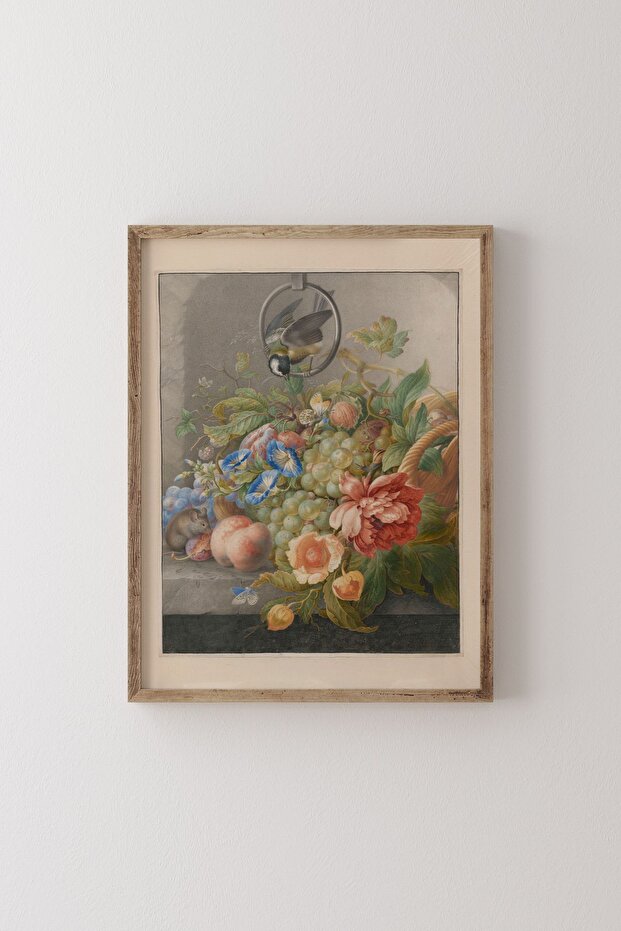 Still Life with Flowers, Fruits, a Large Tit and Mouse - Wooden Patterned Frame
