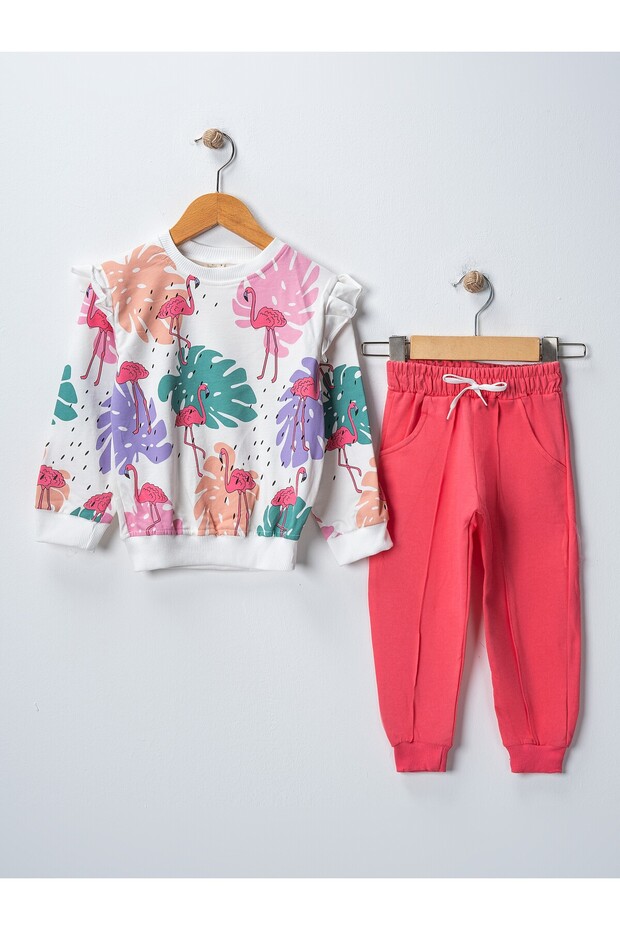 Girls Flamingo Printed Long Sleeve Tracksuit Sweatshirt Set