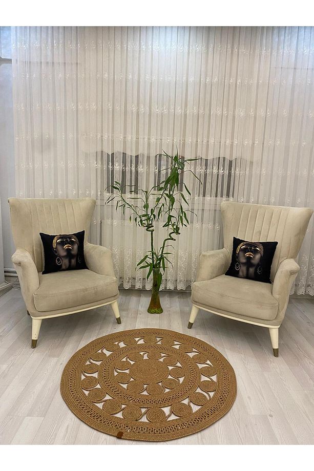 jüt Hasır görünümlü Desenli Modern El Örgüsü daire Halı Kilim - 3